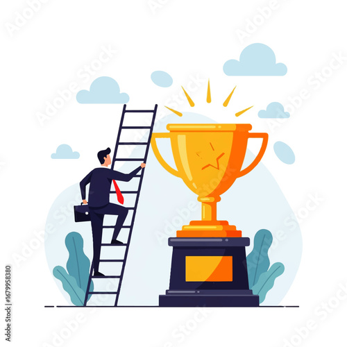 A determined businessman climbs a ladder towards a gleaming gold trophy, symbolizing ambition and the pursuit of success.