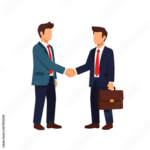 Two businessmen in suits shake hands, signifying a successful business deal against a clean white background.
