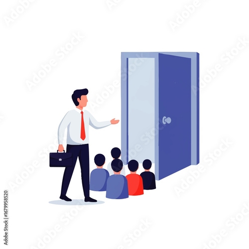 A confident businessman gestures towards an open door, inviting a group of attentive colleagues to a new opportunity.