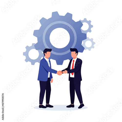 Two businessmen shake hands against a backdrop of large gears, symbolizing a successful business partnership and collaborative effort.