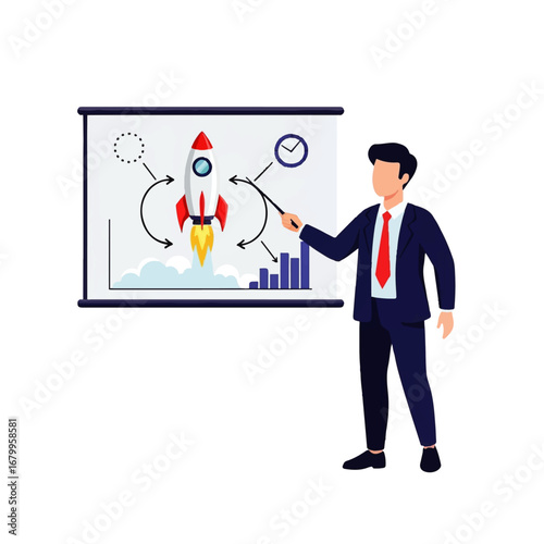 A businessman confidently presents a growth strategy, using a rocket launch as a visual metaphor on a whiteboard.