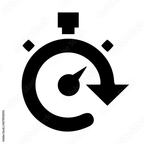 A black and white stopwatch icon with an arrow indicating a downward direction.