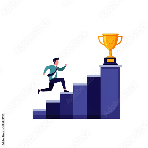 A determined businessman runs up a staircase towards a gold trophy, symbolizing ambition and the pursuit of success.