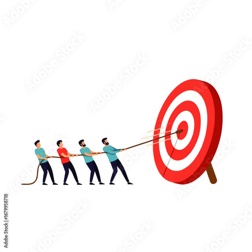 Four determined men collaborate, pulling a rope to forcefully hit a large target, symbolizing teamwork and achieving a shared goal.