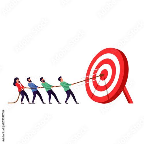 A diverse team powerfully pulls a rope, collaboratively aiming to hit a large target, symbolizing determined teamwork and shared success.