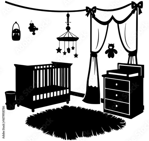 Silhouette illustration of a cozy baby nursery with crib, changing table, and decor.