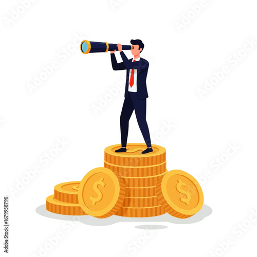 A businessman stands atop a stack of gold coins, using a telescope to scan the horizon, symbolizing ambition and the pursuit of financial success.