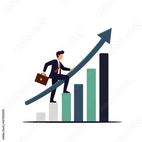 Confident businessman ascends a rising bar graph, symbolizing growth and success in a minimalist illustration.