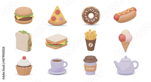 Assorted fast food items and beverages arranged neatly on a white surface, showcasing common snack and meal choices with a clean, minimalist aesthetic.