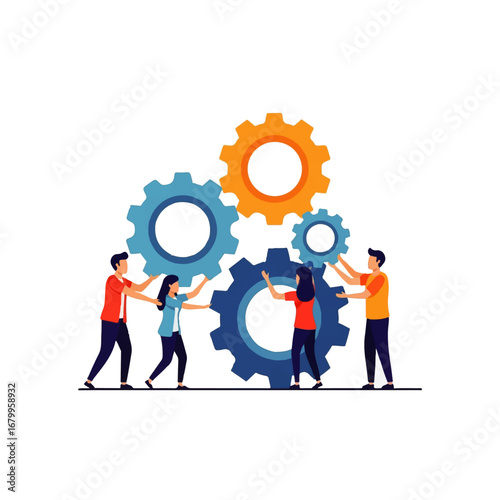 A collaborative team works together, lifting and positioning large gears, symbolizing synergy and teamwork.