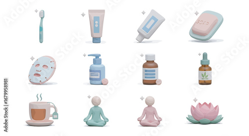 Pastel colored toiletries and wellness products arranged on white surface suggesting self care and relaxation, creating a calming and peaceful atmosphere.