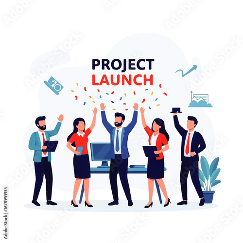 A jubilant team celebrates a successful project launch amidst confetti and rising charts, symbolizing achievement and growth.