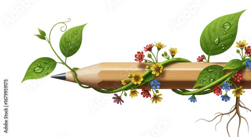 Pencil with growing vine and flowers stock image for creative writing and nature inspired design projects on transparent background