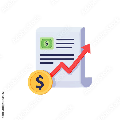 An upward red arrow indicates financial growth, soaring above a document and gold coin, symbolizing positive economic progress.