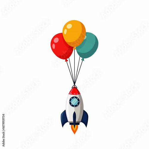A whimsical rocket ship playfully ascends, propelled by colorful balloons against a bright white background, conveying a joyful sense of adventure.