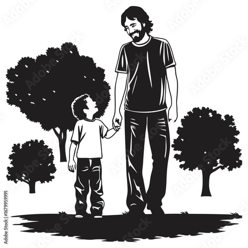 A father and son stroll hand-in-hand through a park, enjoying a peaceful moment together amidst nature's tranquility.