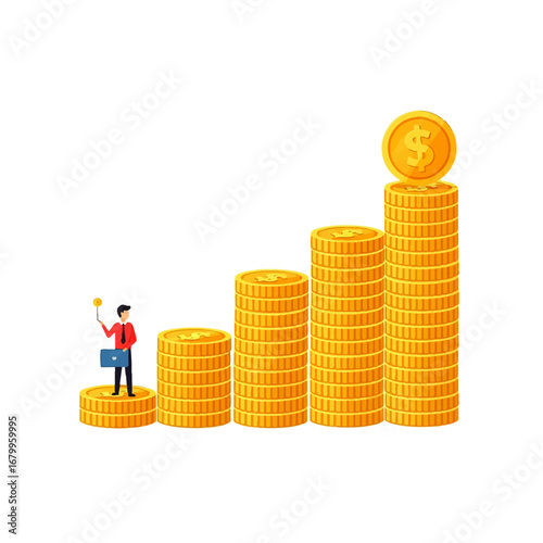 A businessman stands on a growing stack of gold coins, holding a coin, symbolizing financial growth and success.