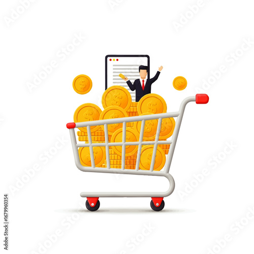 A jubilant businessman stands atop a shopping cart overflowing with gold coins, celebrating financial success against a clean white background.