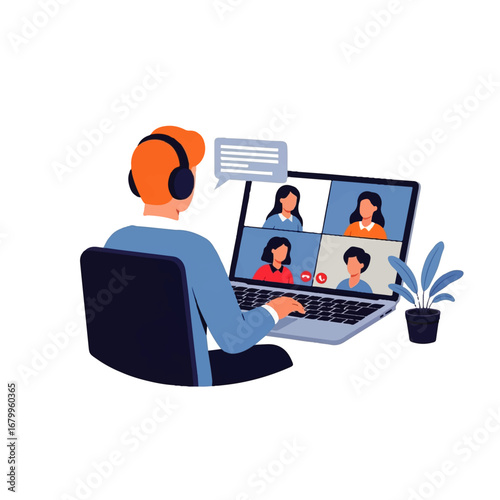 A person participates in a productive online video conference with colleagues, showcasing remote teamwork and communication.