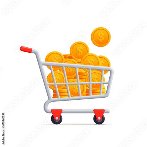 A shopping cart overflowing with golden dollar coins, symbolizing wealth and successful online shopping.