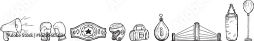 Hand drawn boxing icon set featuring gloves, ring, punching bag, timer, shorts, fighters, medals, and trophies.