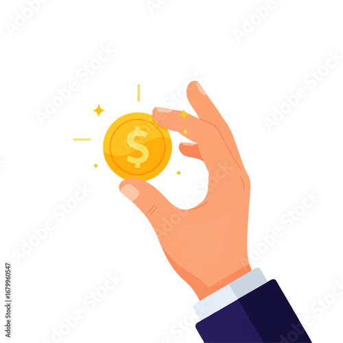 A hand delicately holds a golden dollar coin, symbolizing wealth and opportunity against a bright white background.