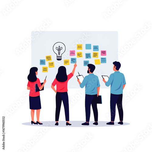 A team collaborates on a whiteboard covered in sticky notes, brainstorming ideas and planning a project together.