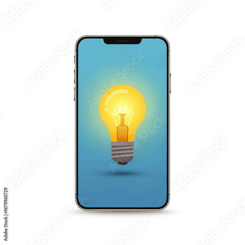 A glowing lightbulb displayed on a smartphone screen symbolizes a bright idea and innovative thinking.