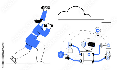 Woman lifting dumbbells in athletic pose while robot performs multiple tasks, including research, shopping, and planning. Ideal for fitness, technology, innovation, future, multitasking automation
