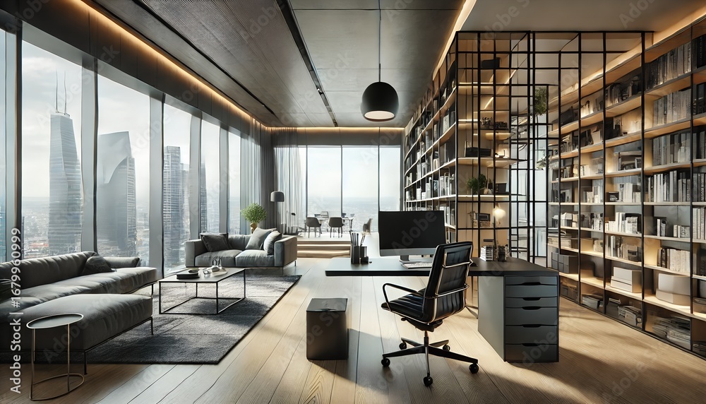 Fototapeta premium Modern executive office with large windows and city view, featuring a desk and seating area