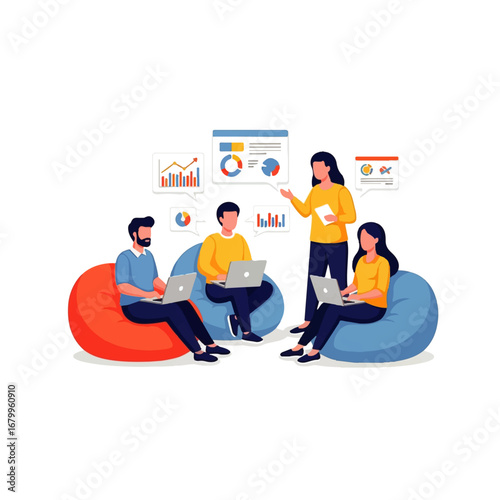 A team collaborates on a data analysis project, comfortably seated in beanbag chairs, reviewing charts and graphs during a relaxed yet focused meeting.