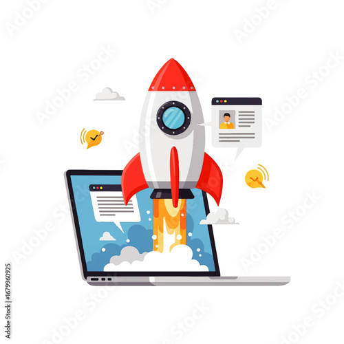 A rocket launching from a laptop screen symbolizes rapid business growth and online success, showcasing ambition and innovative technology.