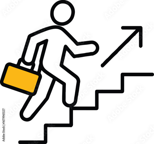 Illustration of a businessman climbing stairs with an upward arrow, symbolizing career growth, success, and progress towards goals in a simple and minimal style