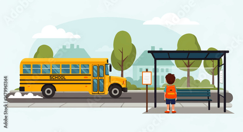 A schoolboy with an orange backpack waits patiently at a suburban bus stop as a yellow school bus approaches on a sunny day.