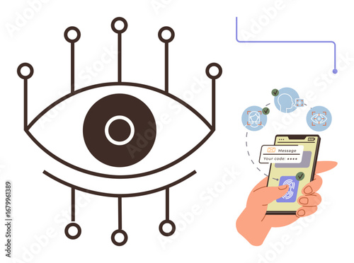 Eye with neural-style lines symbolizing technology and security, paired with hand interacting with phone for 2FA. Ideal for cybersecurity, data protection, future tech, online authentication