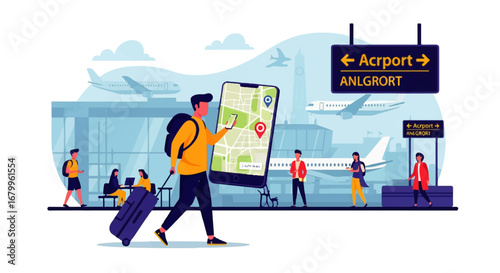A traveler confidently navigates a bustling airport terminal, using a smartphone map to find his way amidst the arriving and departing flights.