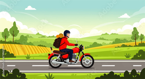 A motorcyclist rides a red motorcycle along a scenic country road, enjoying a sunny day and the idyllic landscape.