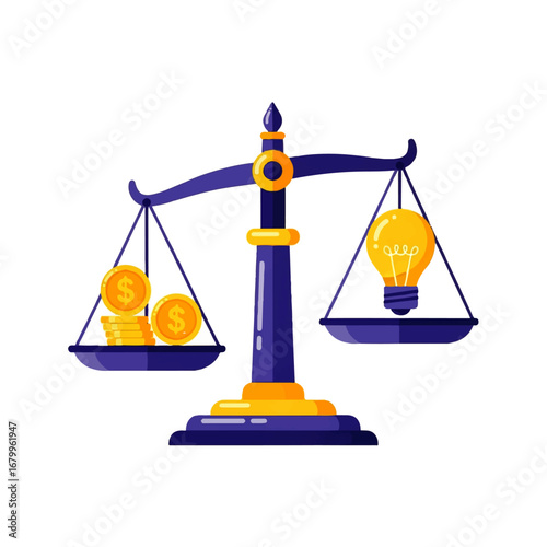 A balanced scale weighs stacks of gold coins against a bright lightbulb, symbolizing the value of ideas versus money.