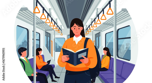 A young woman engrossed in reading a book on a busy commuter train, showcasing a peaceful moment amidst urban transit.