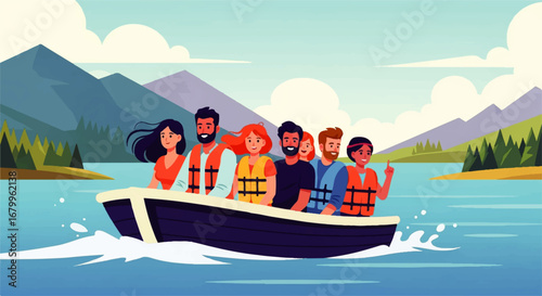 A diverse group of friends enjoys a scenic boat ride across a calm lake, surrounded by majestic mountains and lush greenery, creating a joyful and adventurous atmosphere.