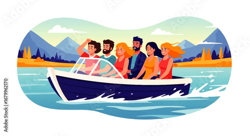 Joyful friends enjoy a scenic boat ride on a calm lake, surrounded by majestic mountains and lush greenery, feeling carefree and adventurous.