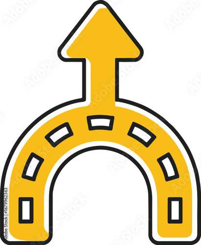 Vector art of yellow road splits into two directions with arrow pointing forward, representing choice, decision making, and navigation in a simple flat style vector illustration