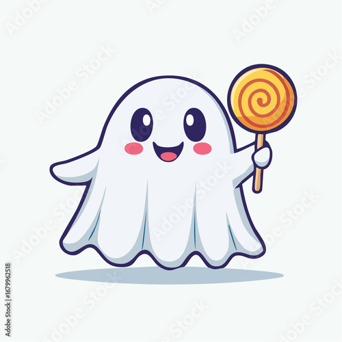 Adorable cartoon ghost character holding a lollipop with a happy expression on a white background