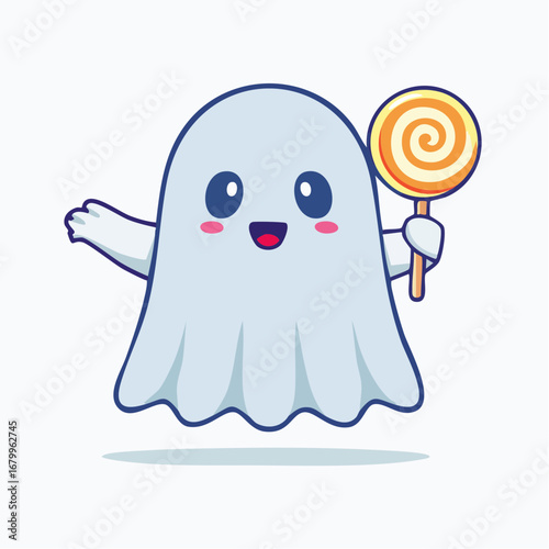 Whimsical and cheerful cartoon ghost character happily holding a vibrant swirl lollipop, ideal for delightful Halloween themes or sweet treat promotions