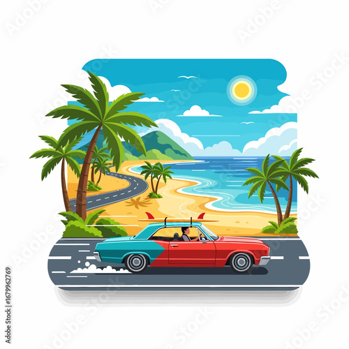Wallpaper Mural A classic convertible car driving on a scenic coastal road next to a tropical beach with palm trees. Torontodigital.ca