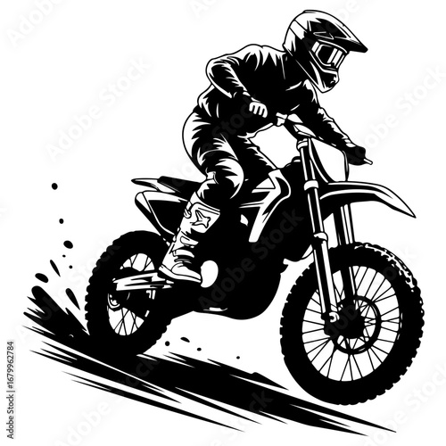 A black and white illustration of a motocross rider racing on a dirt bike.