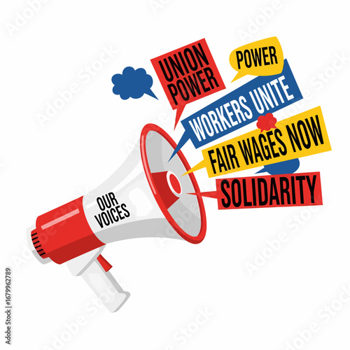 Megaphone shouting slogans for workers' rights, fair wages, and union solidarity.