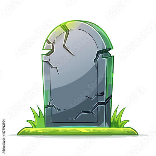 Vector art of a single spooky tombstone on a patch of grass, an old cracked headstone for a Halloween graveyard scene