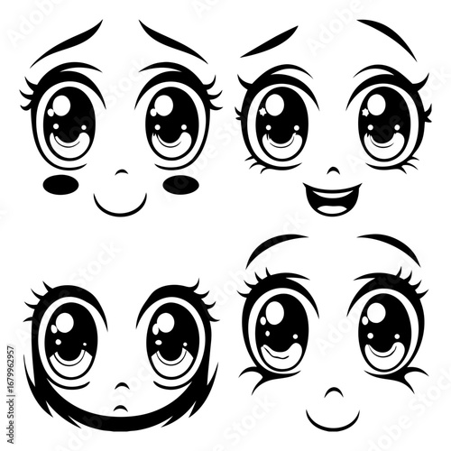 Four stylized cartoon faces with varying expressions, featuring large eyes and simple mouths. icon eyes