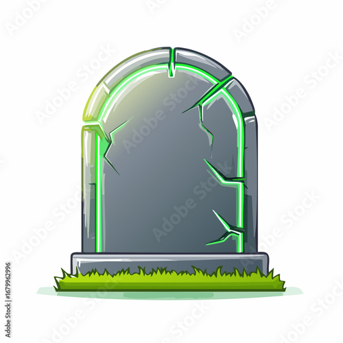 Vector illustration of a spooky cracked tombstone with a mysterious green neon glow. Fantasy or horror game asset for Halloween designs and graveyard scenes, isolated on white